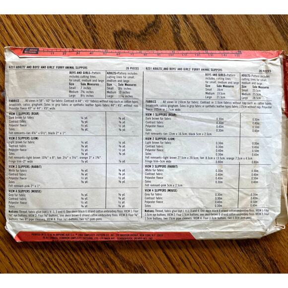 UNCUT Vintage 1980s Simplicity 6231 Sewing Pattern Boy Girl Furry Animal Slipper - Picture 2 of 2